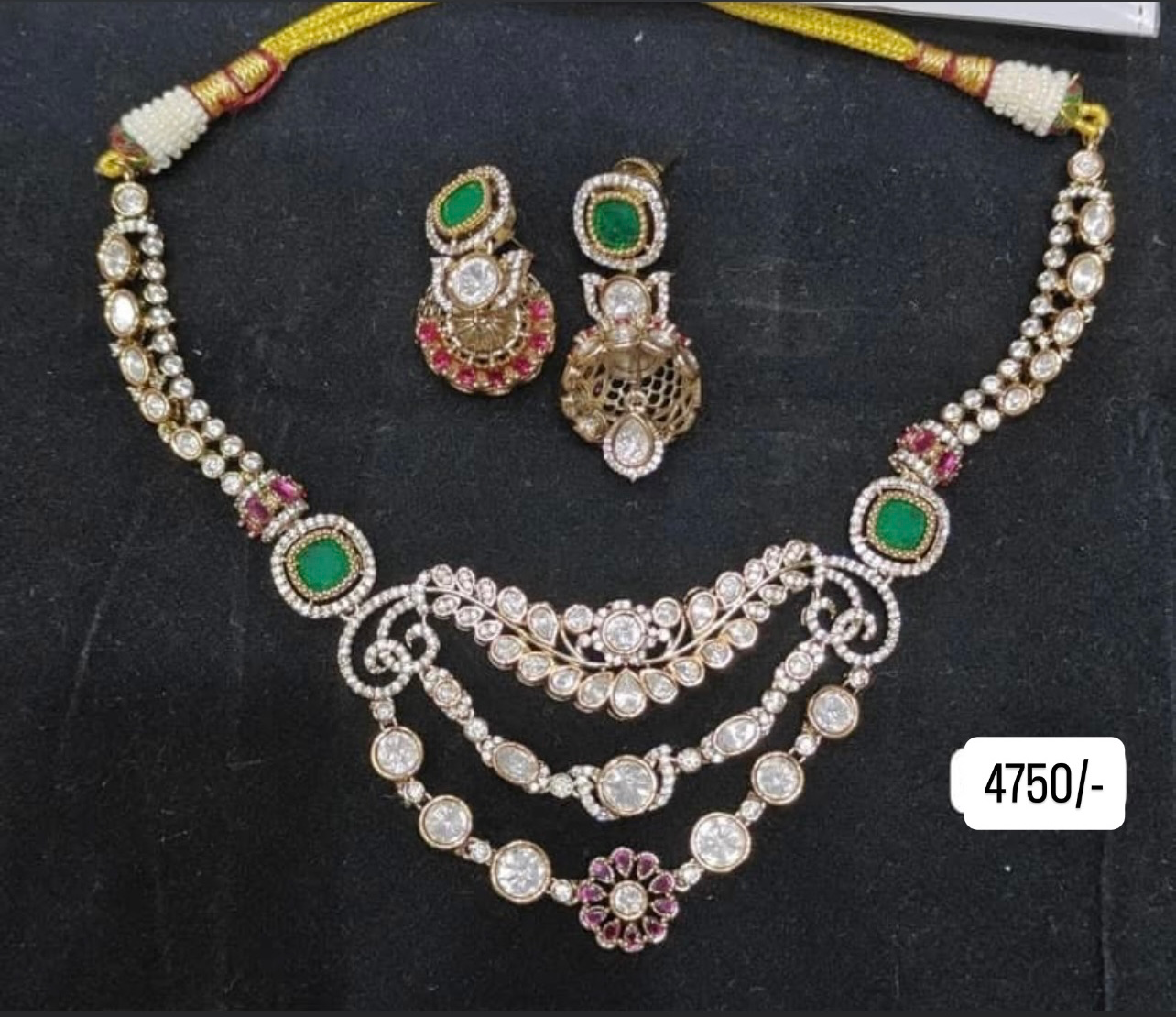 Traditional Kundan-Style Green & Ruby Bridal Necklace Set with Earrings