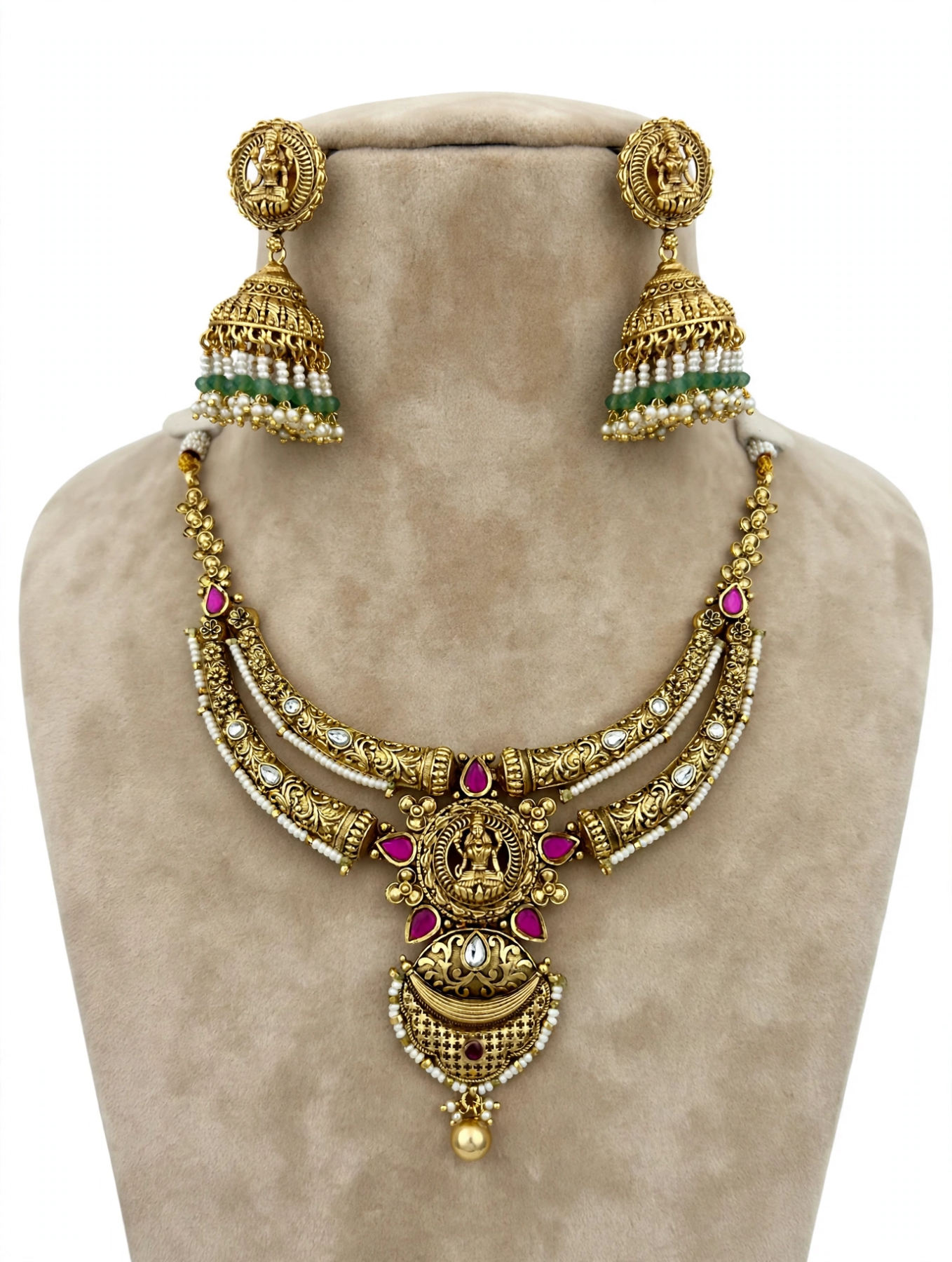 Aishwarya - Antique Temple Lakshmi Rajwadi Hasli Set with Jhumka