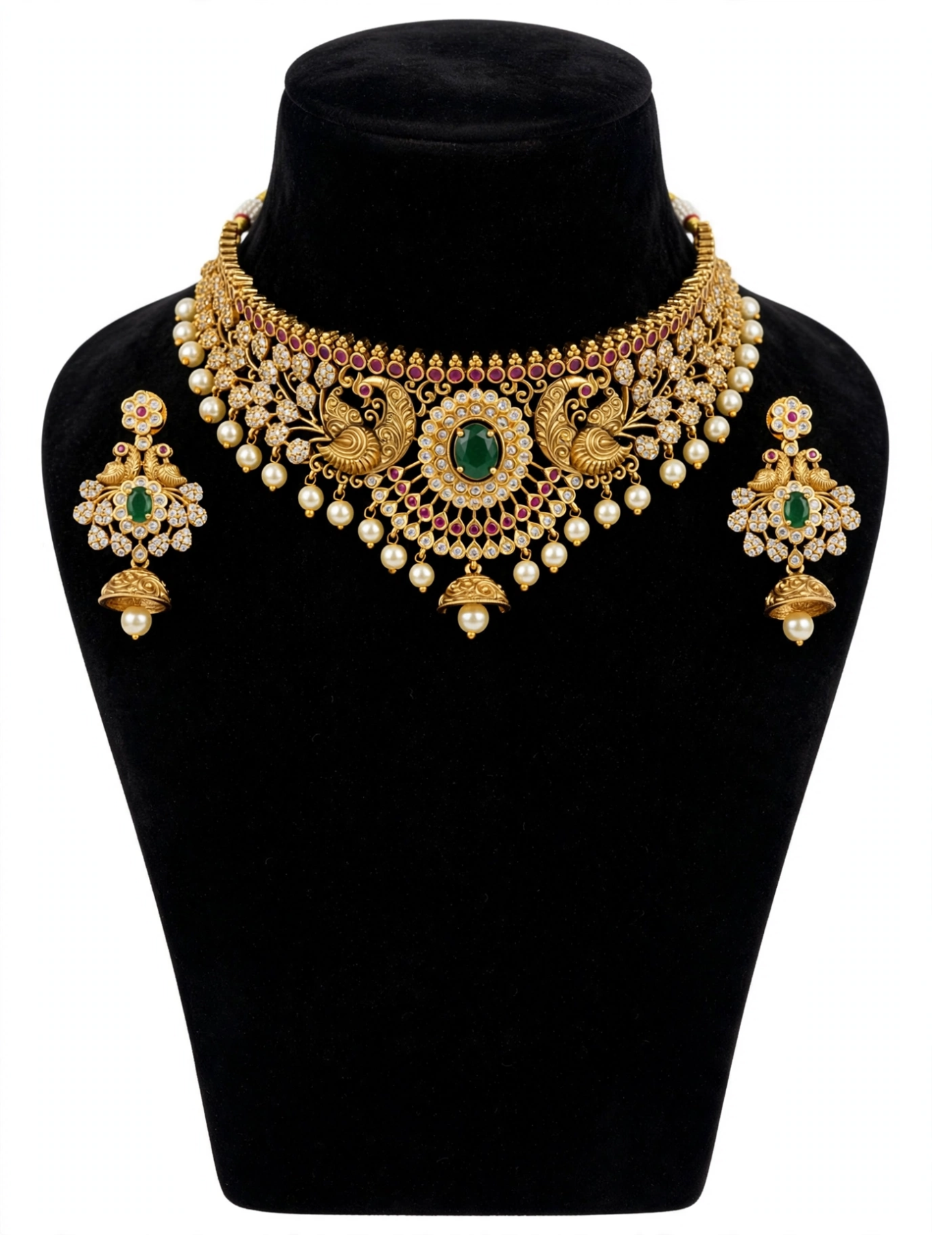 Mayuri - Antique Gold Temple Choker Set with Emerald & Pearls