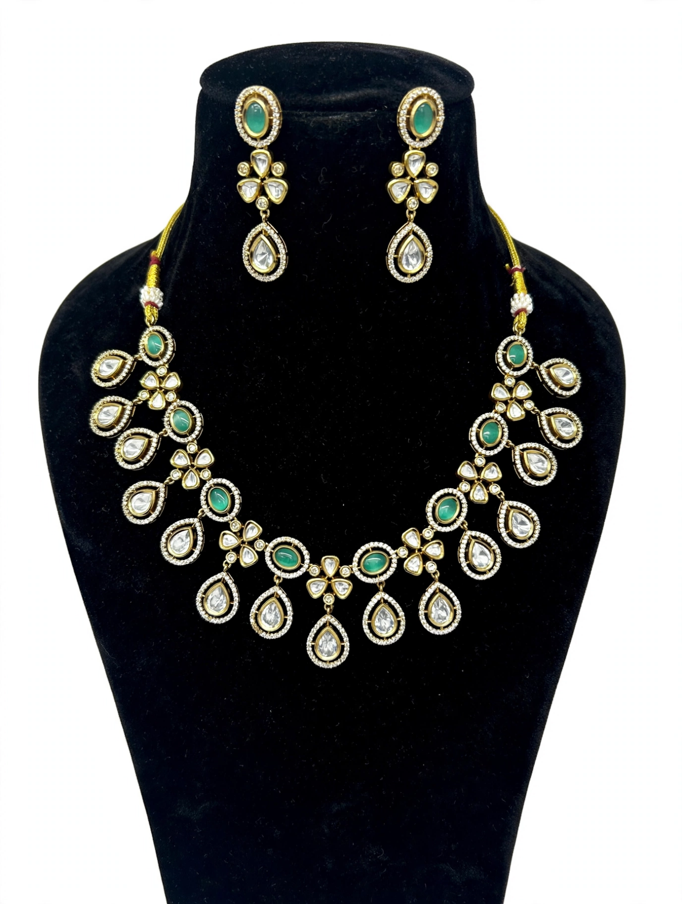 Emerald Aura - Victorian Kundan Polki Necklace Set with Earrings