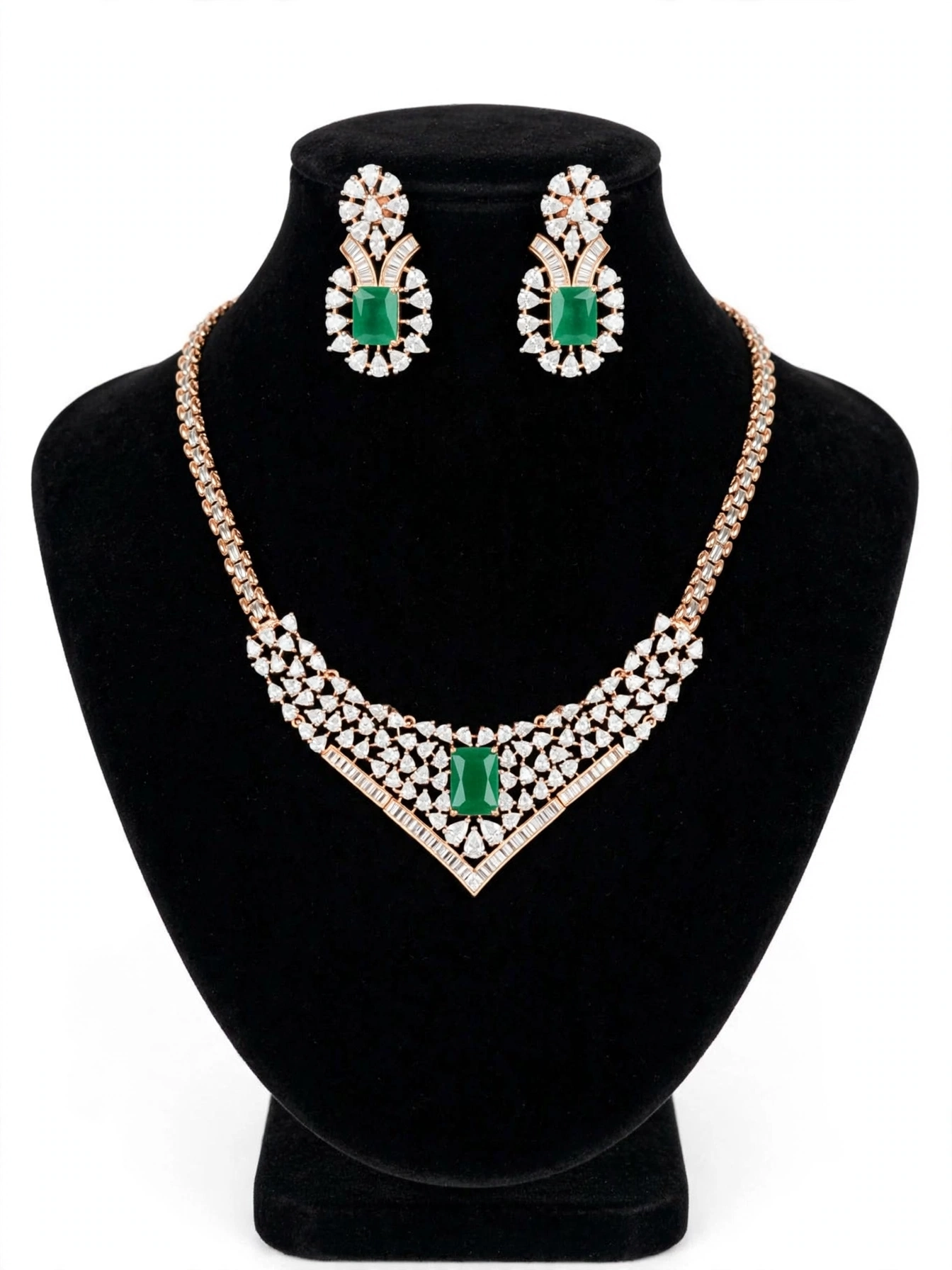 Aarohi - Rose Gold American Diamond Choker Set - Emerald Green N Ruby