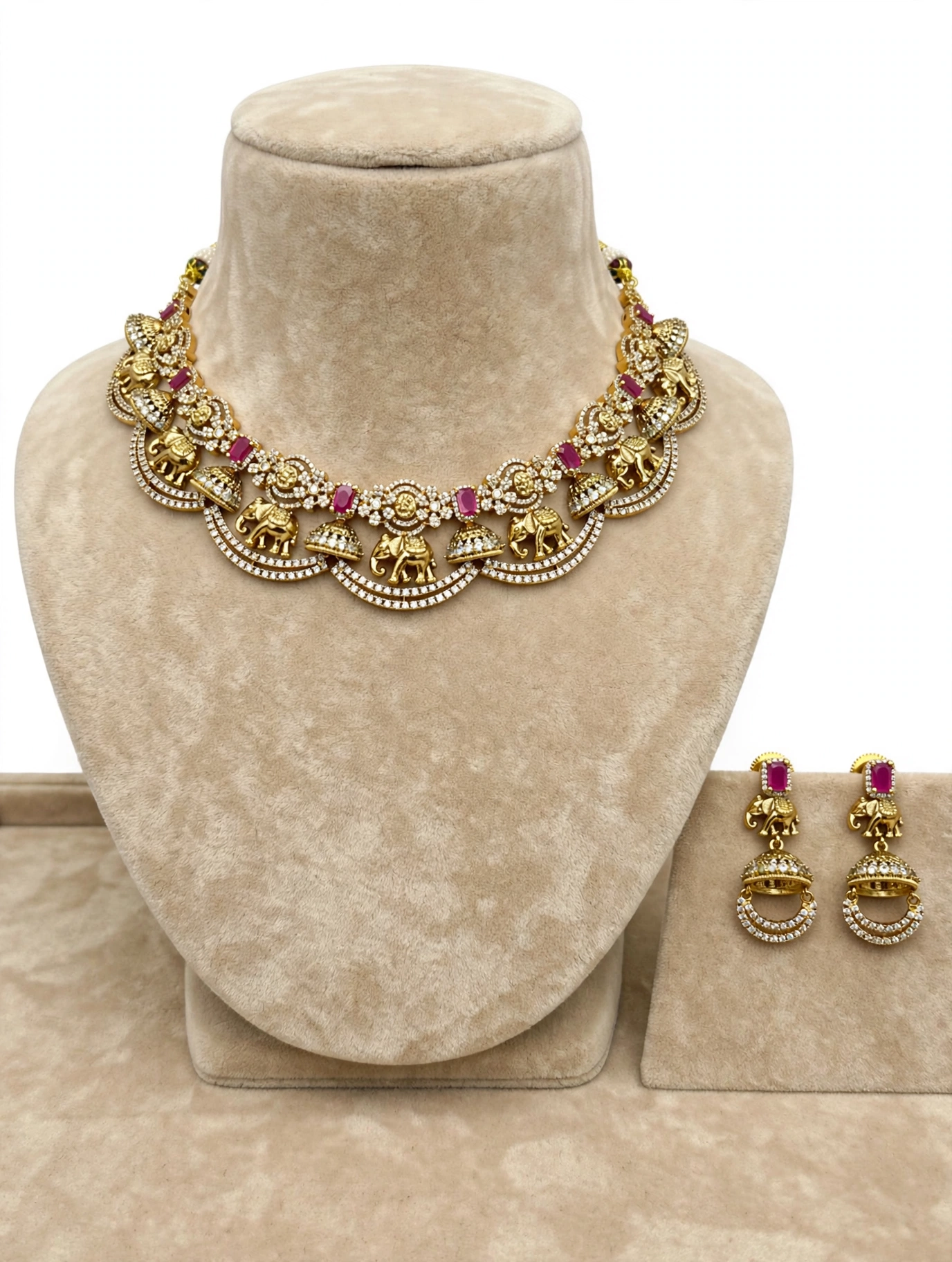 Gaja Lakshmi Temple AD Choker Set - Ruby & White And green n white