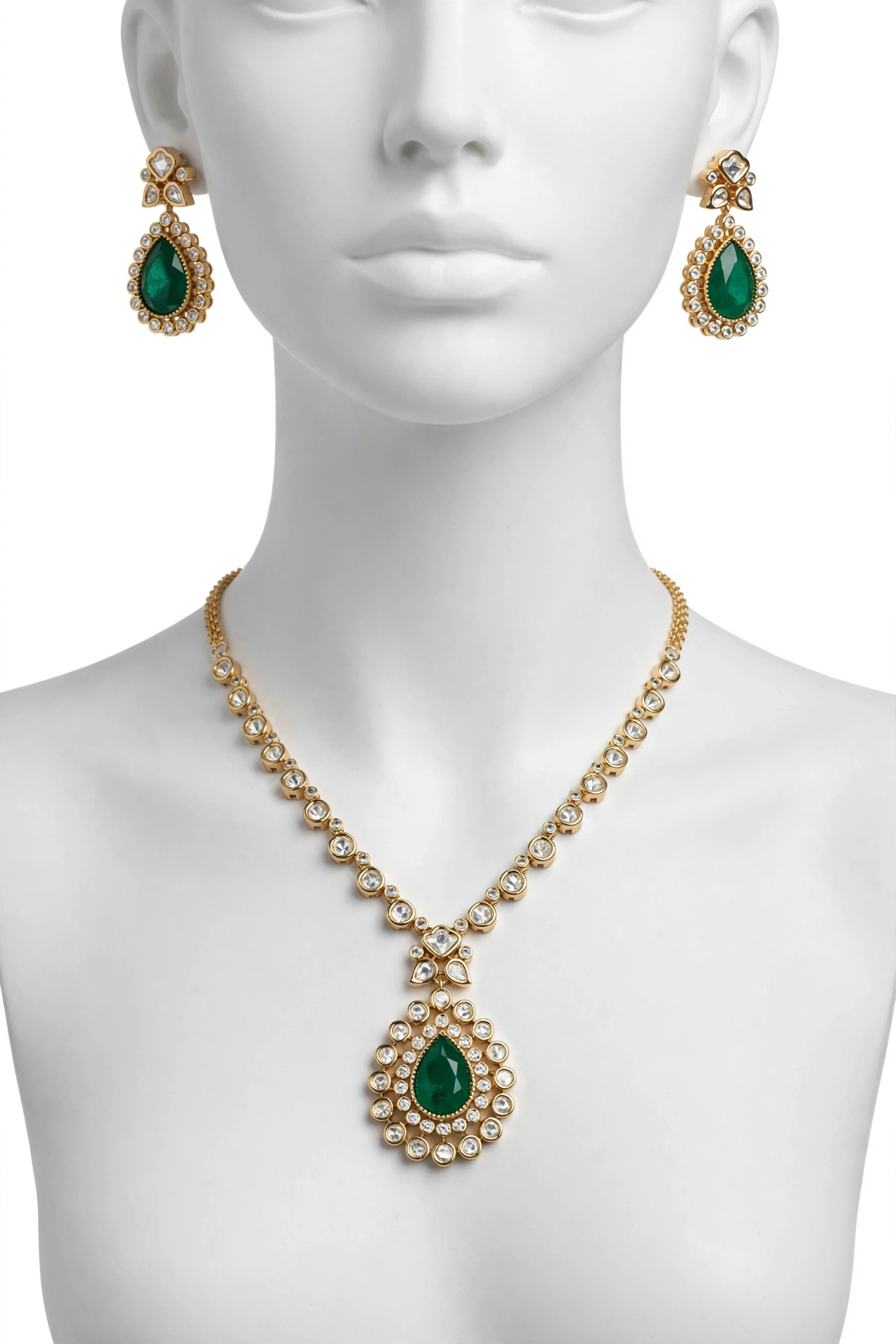 Emerald Teardrop Polki Kundan Necklace Set with Earrings