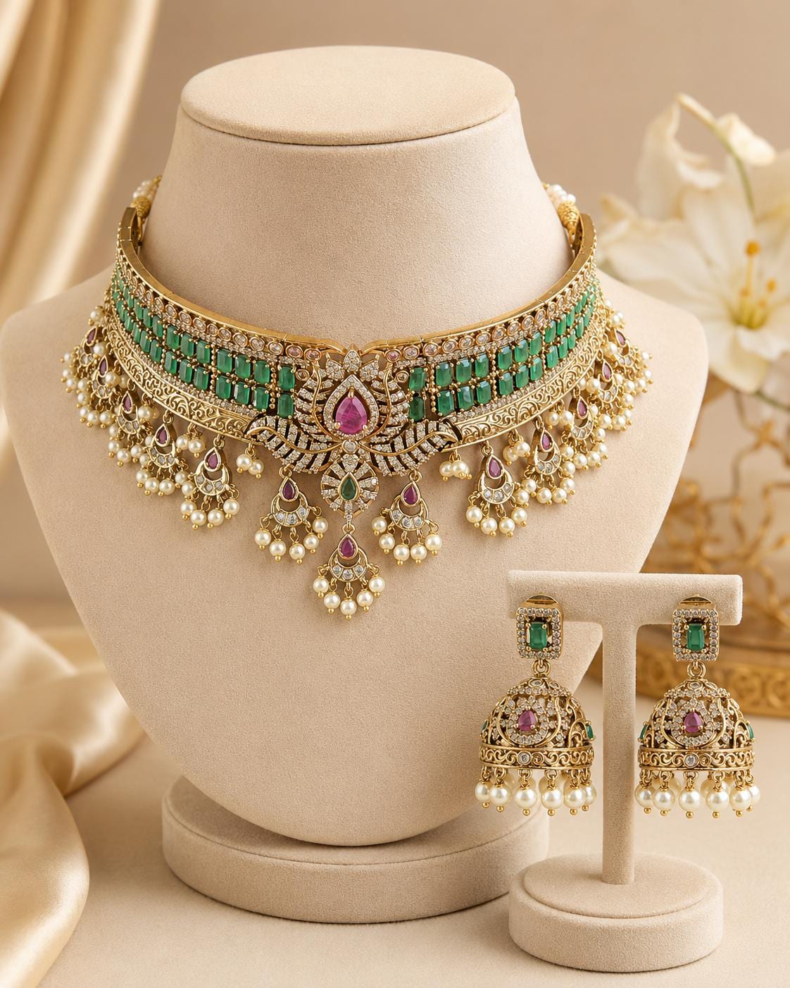 Rajwadi Emerald Green Bridal Choker Set
