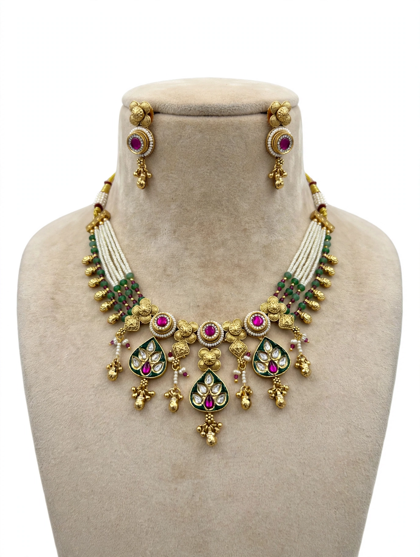 Green Enamel Kundan Rajwada Choker with Pearl Mala