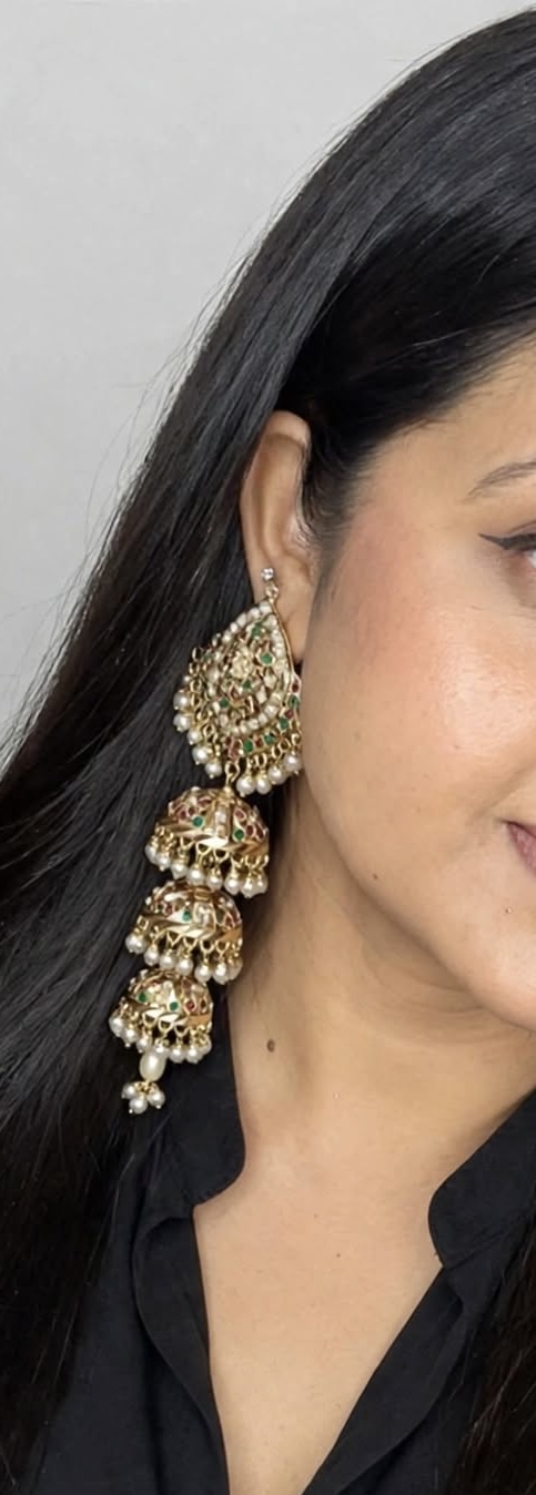 Gold Antique Triple Layer Pearl Jadau Jhumka Earrings